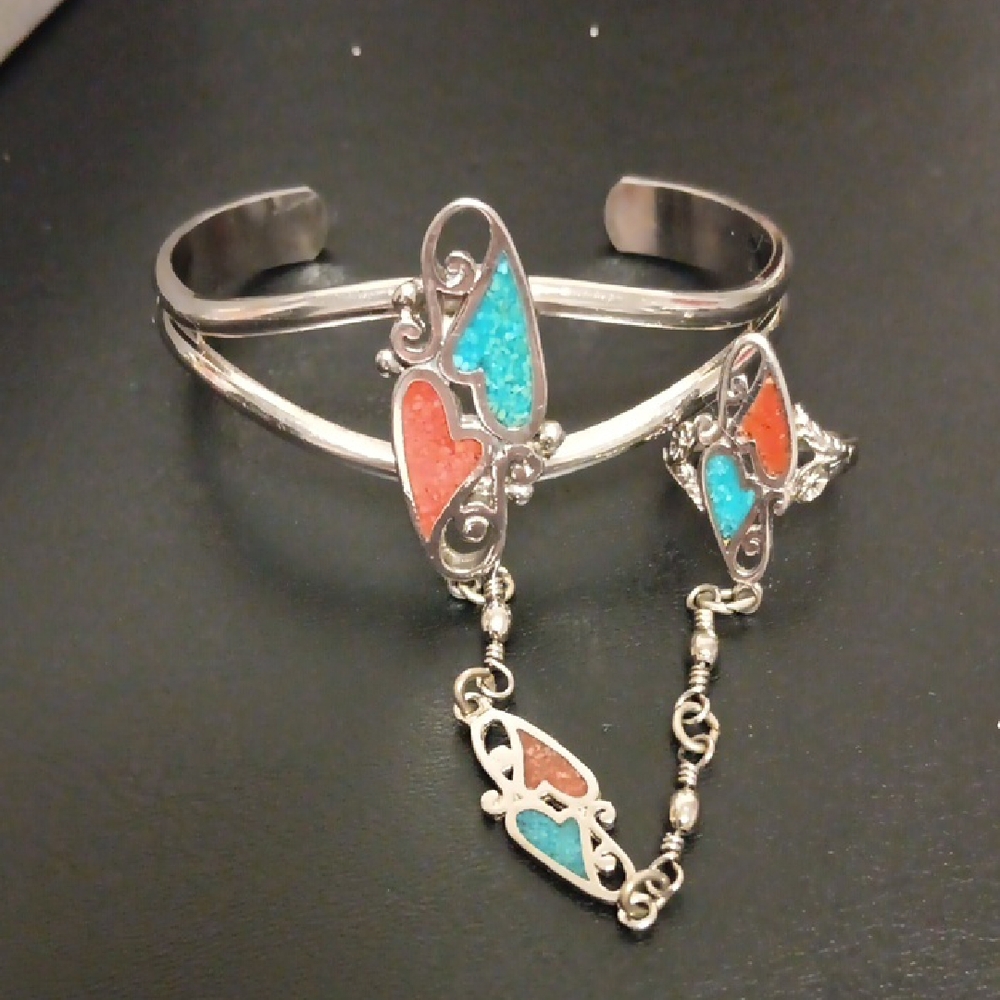 Silver Heart Bracelet with Red and Blue Accents